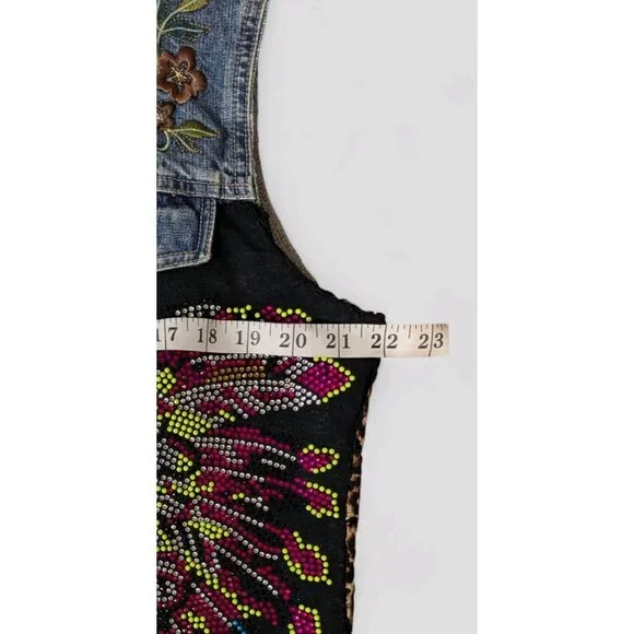 Vtg Womens Large Vest Denim Buffalo Cheetah Embroidery Fringe Bling‎ War Bonnet - Picture 6 of 10